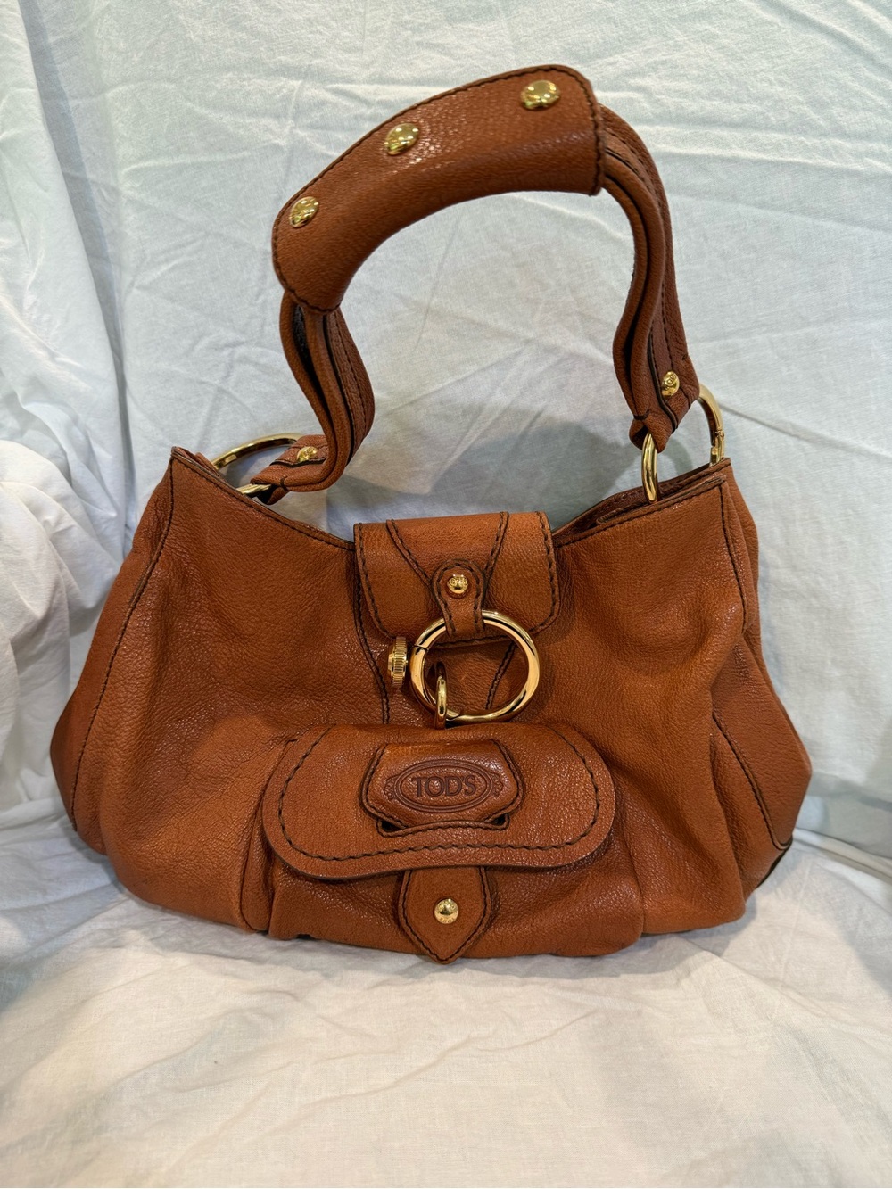 Tod’s Brown Pebbled Leather Hobo Shoulder Bag Gold Hardware Made In Italy